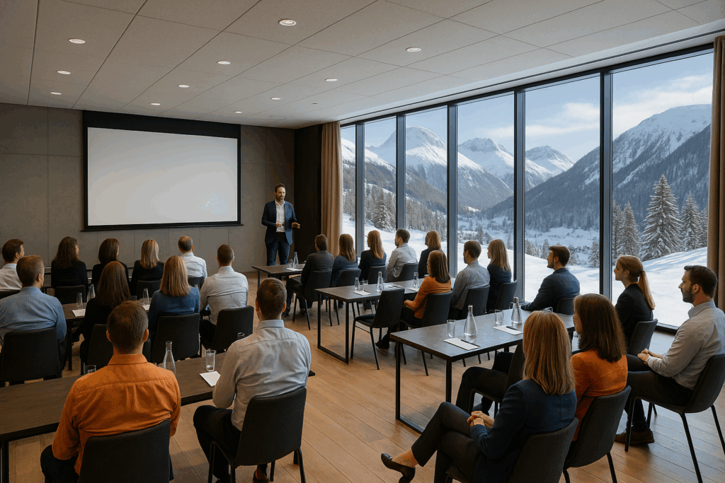 Moderne konference lokale, mennesker og foredragsholder fylder rummet, væg mo venstre er en glas facade med sneklædte bjeglandskab så langt øje ræker.