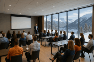 Moderne konference lokale, mennesker og foredragsholder fylder rummet, væg mo venstre er en glas facade med sneklædte bjeglandskab så langt øje ræker.