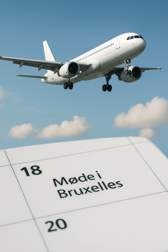 Et hvidt passaerfly på en blå himmel og et kalender udpluk med en aftale i bruxelle