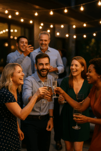 Firmafest med lys grinende, skålende kollegaer