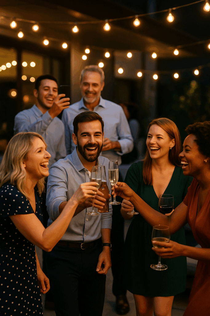Firmafest med lys grinende, skålende kollegaer