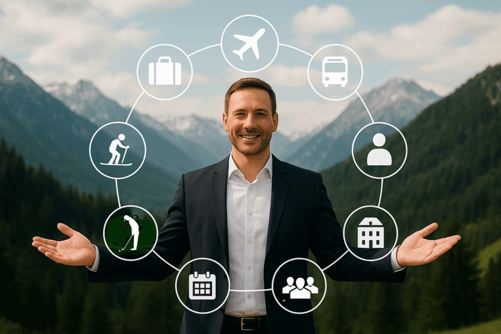 I baggrunden er der bjerge så langt øjet rækker, en mand i blazer står i forgrunden, armene holder han udstrakt hvor over der svæver en cirkel med forskellige ikoner med indhold som jeg tilbyder, koordinering af hotel, fly, transfer, skiløb m.m